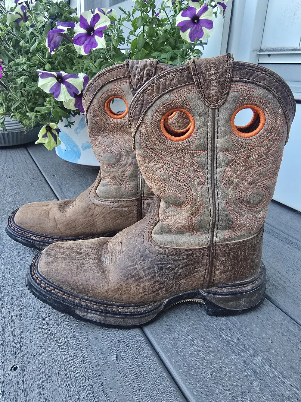 Durango Brown Kids Western Boots with Orange Pull Holes Size 1M